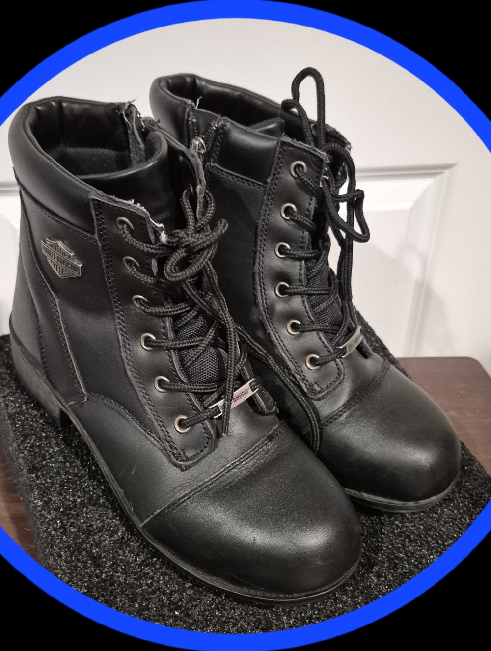 Harley-Davidson  Black Leather Steel Toe Lace-Up Motorcycle Boots & Inner Zip